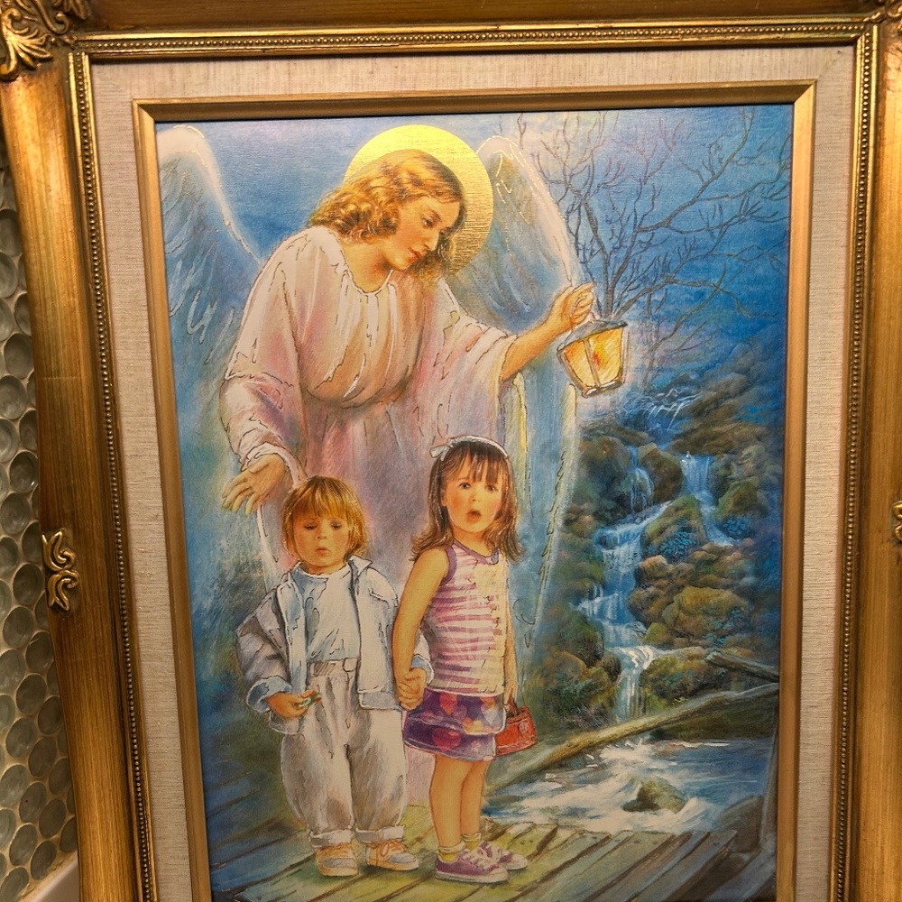 Framed Painting of Angel Protecting Children in a Stream. NIB Vintage